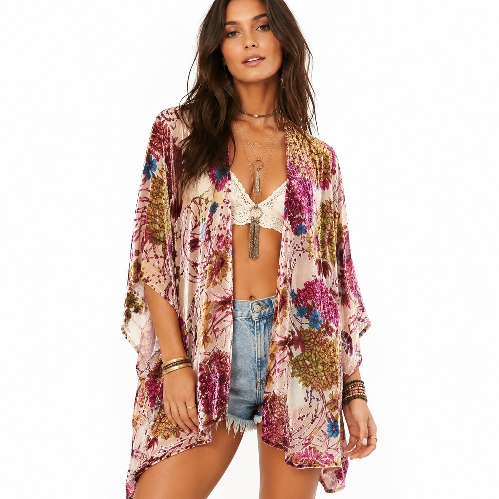 Velvet Burnout Kimono Festival Y2K Boho Pink Gold Floral Woven Heart OS